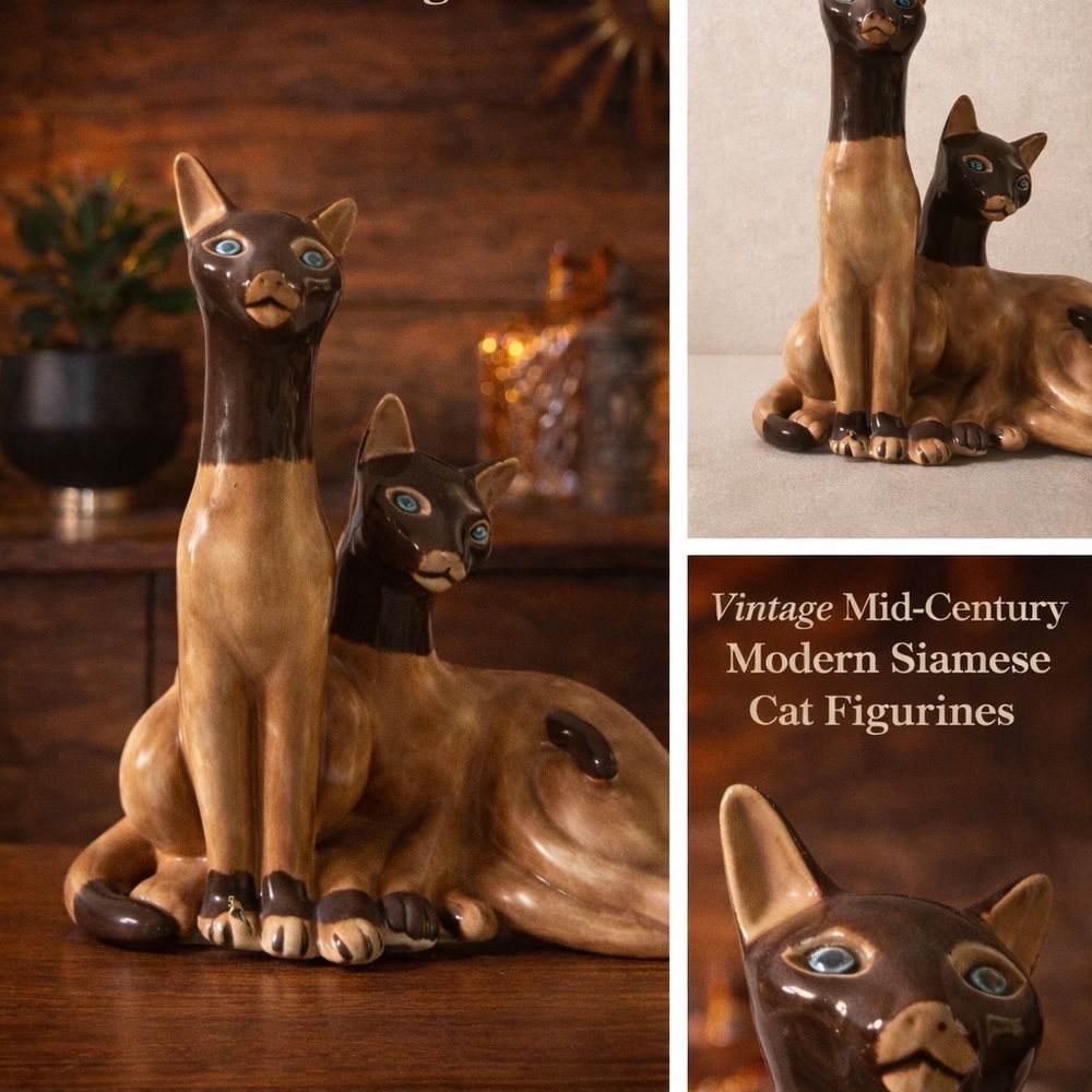 Vintage Mid Century Modern Siamese Cat Ceramic Figurines Pair MCM Decor